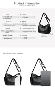 Detailed size chart of black soft leather crossbody bag with capacity measurements