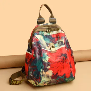 Red floral nylon backpack for women with large capacity and adjustable straps