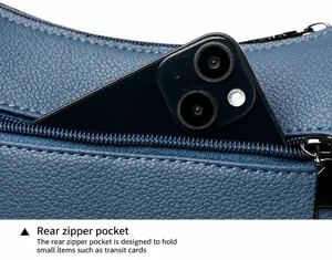 Detailansicht der blauen Lederhandtasche mit sicherem Reißverschlussfach auf der Rückseite