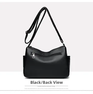 Detail view of the black textured leather bag back featuring a metal zipper pocket and side slots