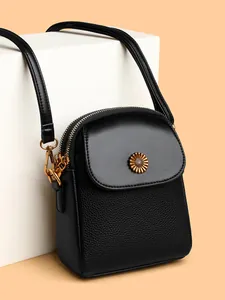 Sac de Téléphone Portable en Cuir PU Mode Femme Texture Lychee Petit Sac Bandoulière Couleur Contrastée Marguerite Boucle Carré