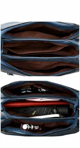 Details der blauen Ledertasche mit organisierten Fächern für den täglichen Bedarf