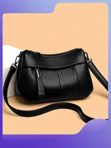 Damen Umhängetasche Aus PU-Leder Mit Litschimuster Minimalistische Plissierte Schultertasche Mit Verstellbarem Gurt