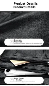 Detail of lychee textured leather bag with front zipper pocket and spacious compartments