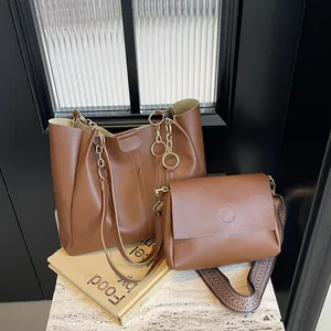 Brown retro PU leather tote and flap bag set with textured jacquard shoulder strap