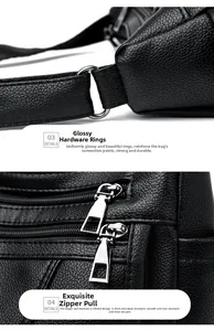 Detail of glossy hardware rings and smooth double zippers on black litchi grain leather bag