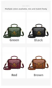 Collage of retro textured crossbody bags in green, black, red, and brown with metal locks