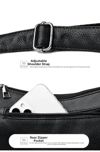 Detail of adjustable shoulder strap and anti-theft back zipper pocket on black leather bag