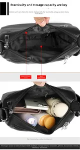 Internal layout of large black soft leather bag with main pocket and zipper compartment