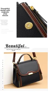 Detail view of durable magnetic snap closure on a textured faux leather handbag