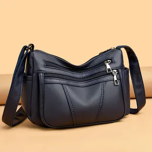 Navy blue soft leather shoulder bag for women with multi-zipper and large capacity