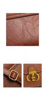 Detail of brown leather texture with metallic buckle and logo engraving on a crossbody bag