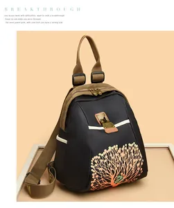 Close-up of black nylon travel backpack with gradient tree print and gold zippers