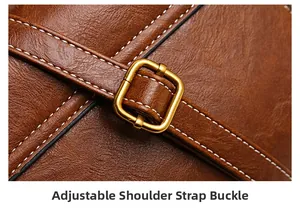 Detailed macro view of vintage brown leather bag with adjustable bronze buckle and stitching
