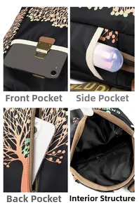 Detail view of large capacity backpack showing compartments, side pockets and inner structure