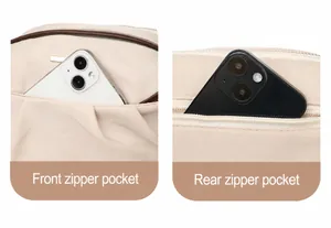 Detail of beige nylon crossbody bag showing front hidden zipper and back security pocket