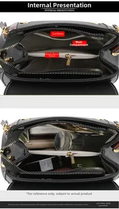 Detail view of black pebble leather handbag interior with compartments and gold zipper