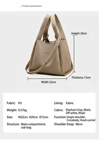 Detalle del bolso tipo cubo de PU caqui que muestra dimensiones y correa de hombro ajustable