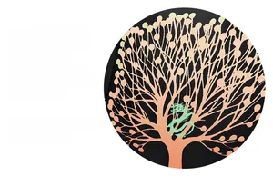 Detailed close-up of dragon logo and pink gradient tree pattern on a black travel backpack