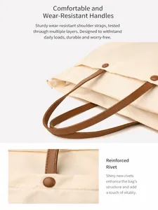 Close-up of durable brown leather handle with reinforced metal rivet on beige tote bag