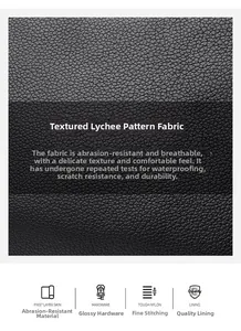 Macro detail of black lychee grain leather with high-gloss hardware and durable nylon stitching