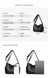 Detailed size comparison chart for a multi-zipper tote bag with product dimensions
