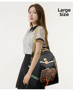 Close-up of large travel backpack featuring colorful tree prints and wide canvas straps