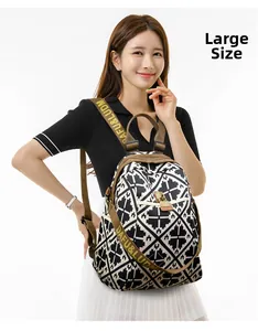 Detail view of large travel backpack with retro geometric patterns and woven shoulder strap