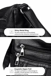 Detalle de anillas de metal plateado y cremalleras dobles en bolso de cuero negro granulado