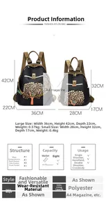 Size comparison chart showing large and small black nylon backpacks with tree prints