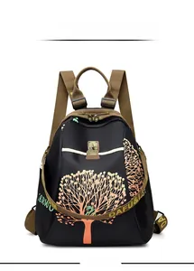 Macro view of nylon backpack detail with orange tree pattern and vintage brass buckles