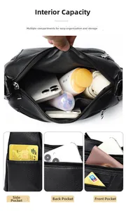 Detail view of large capacity crossbody bag with multiple pockets and interior compartments