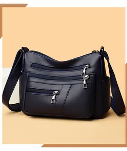 Detail of dark blue lychee leather shoulder bag with multiple zipper pockets and strap