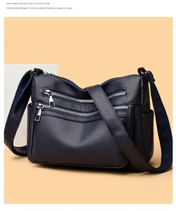 Détail du sac bandoulière en cuir grainé bleu marine avec fermetures éclair et sangle