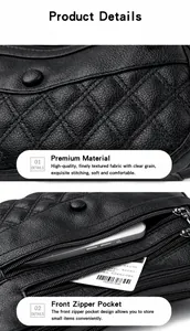 Dettaglio macro della borsa in pelle trapuntata nera con tasche frontali con cerniera
