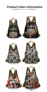 Three fashion nylon backpack styles in two sizes with various artistic graphic patterns