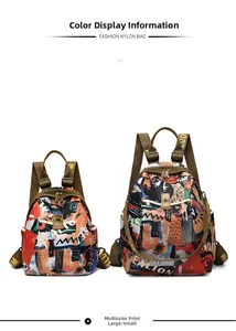 Comparison of large and small nylon backpacks featuring vibrant graffiti print and webbing