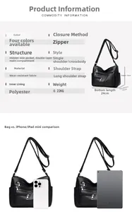 Detailed dimensions of the multi-pocket shoulder bag with iPad and iPhone size comparison