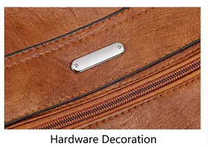 Close-up of silver hardware decoration and metal zipper on brown textured leather bag