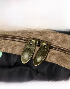 Close-up of bronze-tone SEA LION dual zippers on high-quality black nylon travel bag