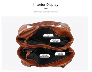 Overhead view showing multiple interior compartments and zipper pockets of brown tote bag
