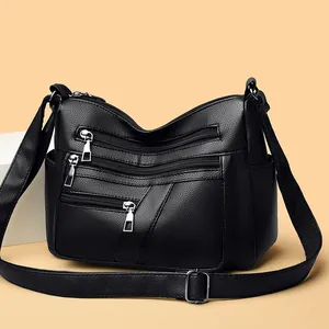 Women's black soft leather multi-pocket crossbody bag with large capacity for daily use