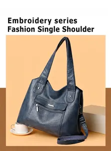 Detail of blue soft leather shoulder bag with vintage texture and zipper pocket design