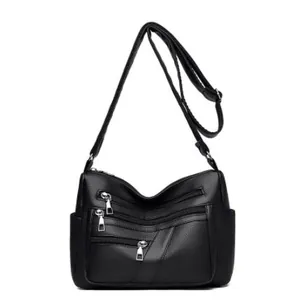 Black PU leather crossbody bag for women with multi-zipper pockets and adjustable strap