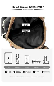 Detail view of nylon bag interior with organized compartments for tablets and essentials