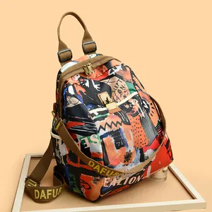 Colorful graffiti print lightweight travel backpack with adjustable multi-compartments