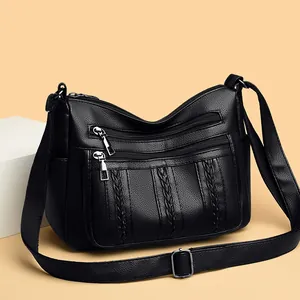 Bolso Bandolera para Mujer de Cuero PU con Patrón de Lichi Cremallera de Varias Capas Gran Capacidad Detalle Trenzado Moda Viaje