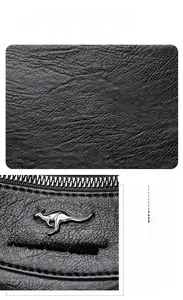 Close-up of black lychee grain leather texture with silver zipper and kangaroo metal logo