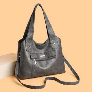 Fashionable dark grey multi-layer soft leather tote bag with silver hardware for women