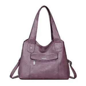 Retro purple soft leather handbag for women featuring a multi-layer design and silver hardware